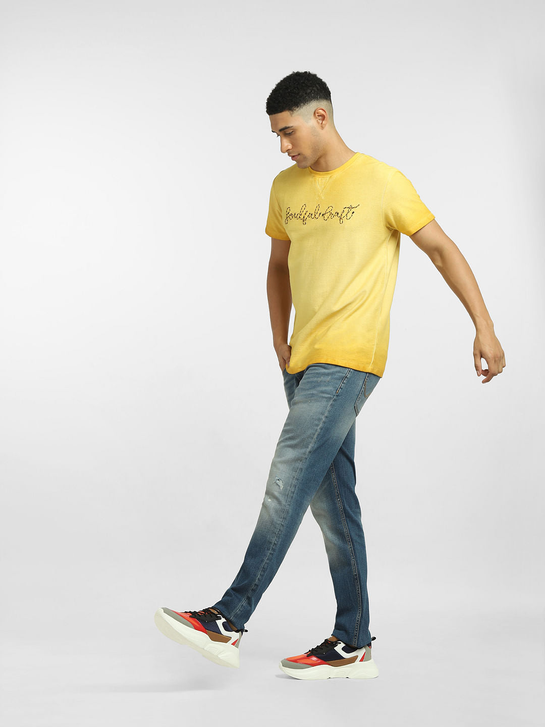 Yellow Embroidered Crew Neck T-shirt