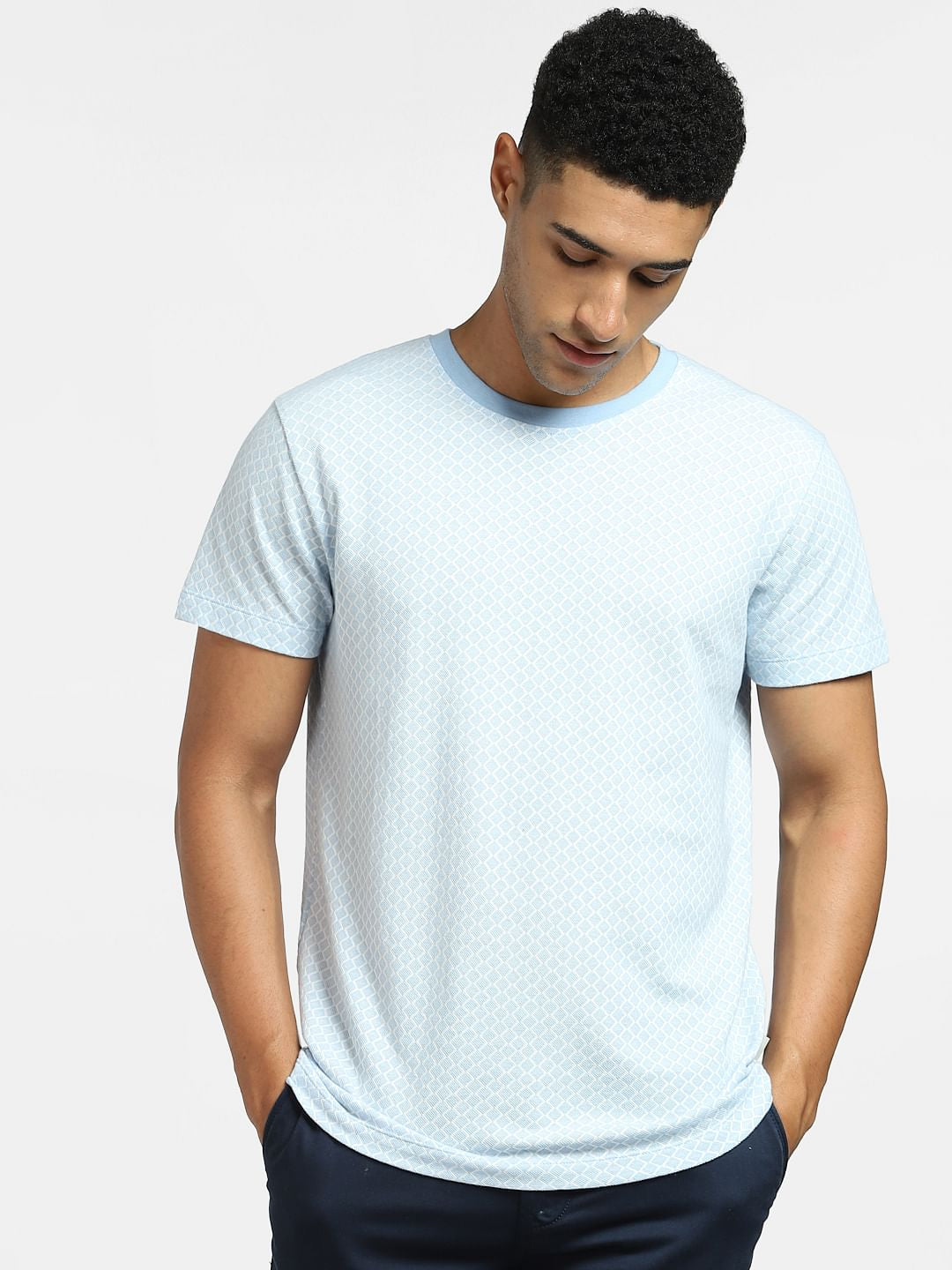 Light Blue All Over Print Crew Neck T-shirt
