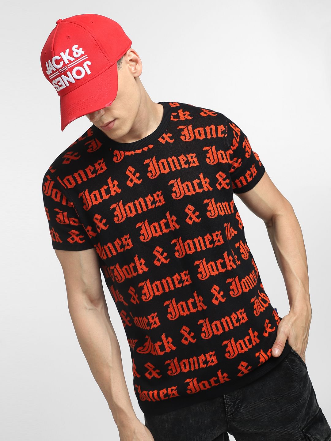 BLACK LOGO PRINT Knitted CREW NECK T-SHIRT