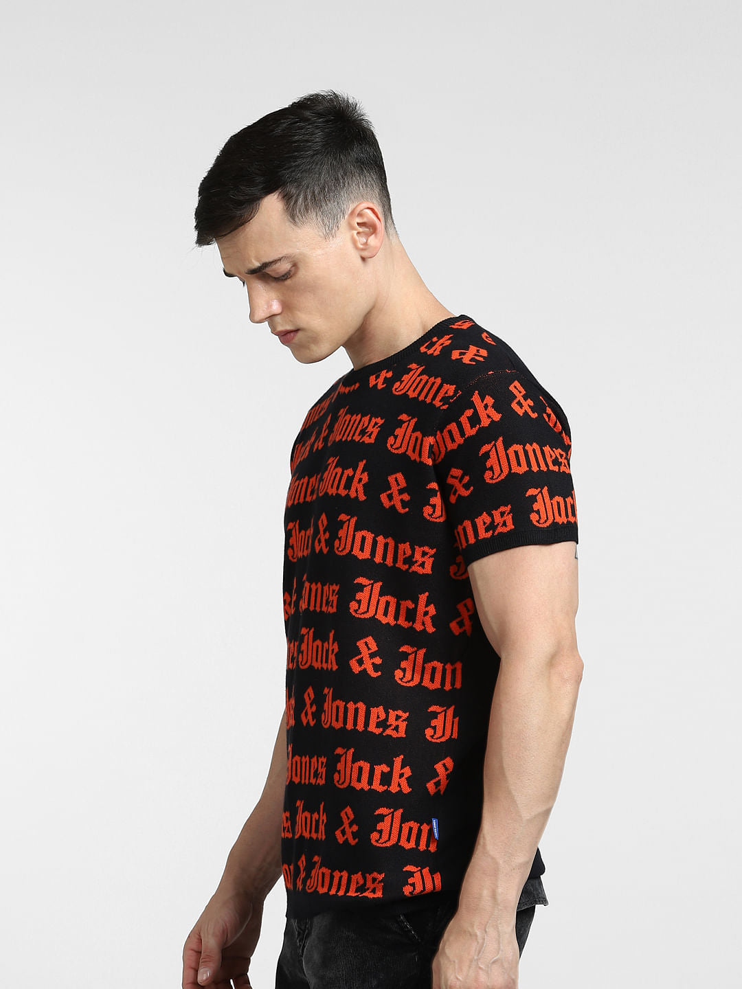 BLACK LOGO PRINT Knitted CREW NECK T-SHIRT