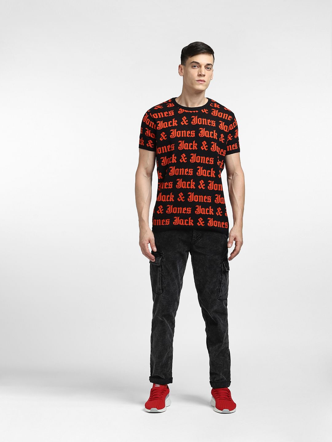 BLACK LOGO PRINT Knitted CREW NECK T-SHIRT