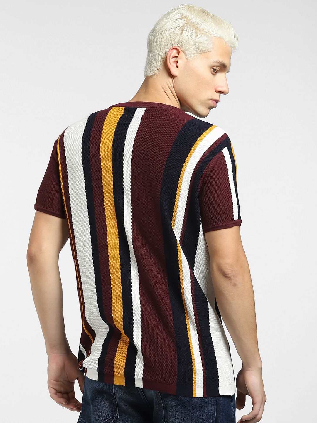 Maroon Striped Knit Crew Neck T-shirt