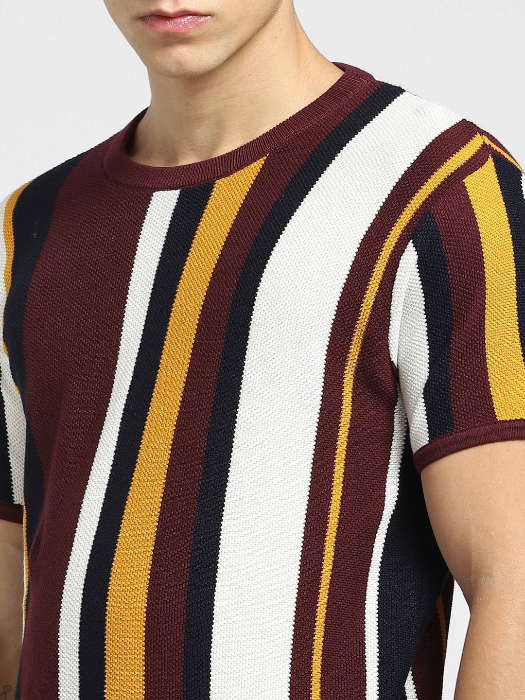 Maroon Striped Knit Crew Neck T-shirt
