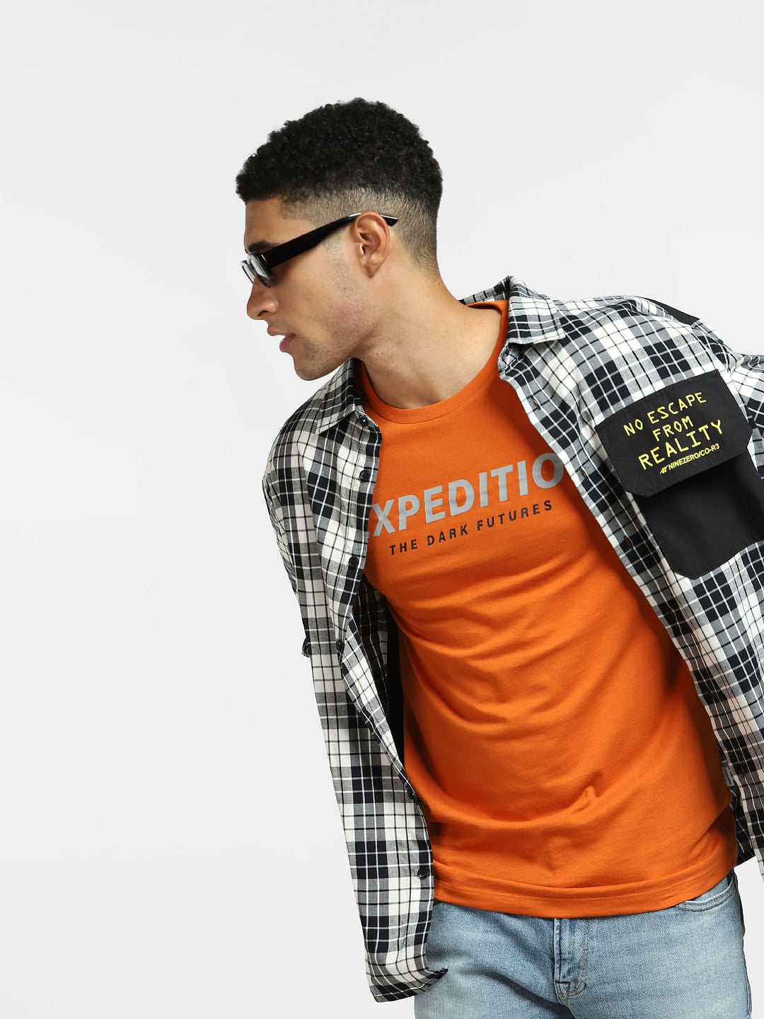 Orange Text Print Crew Neck T-shirt - S