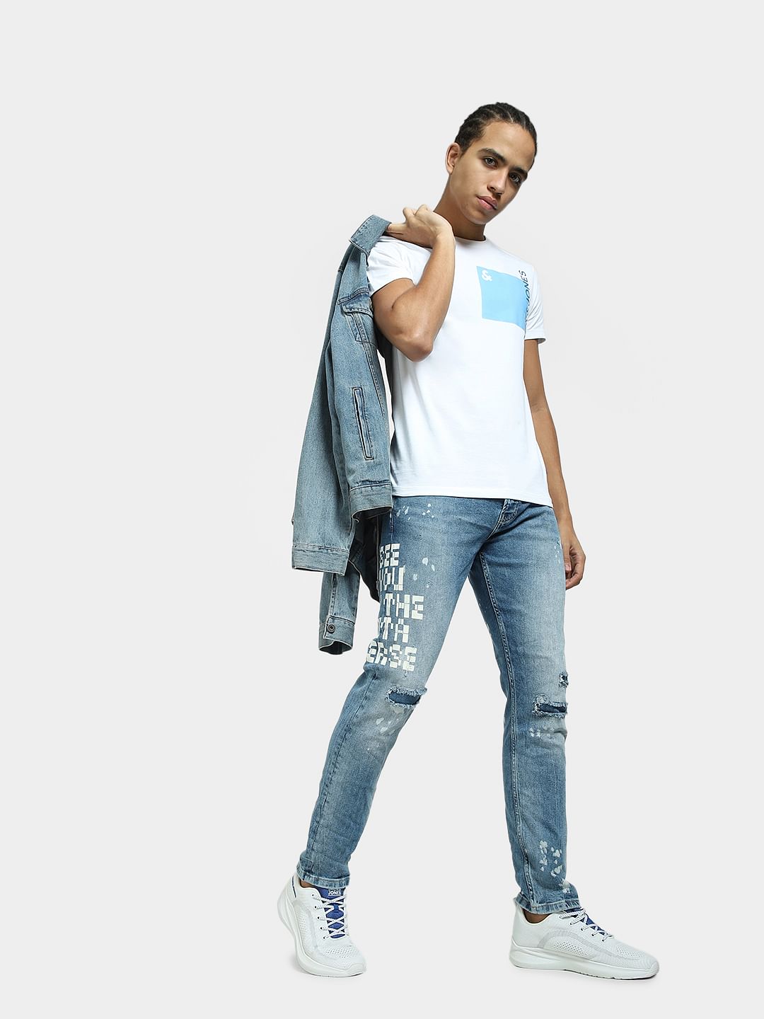 Blue Mid Rise Distressed Erik Anti Fit Jeans