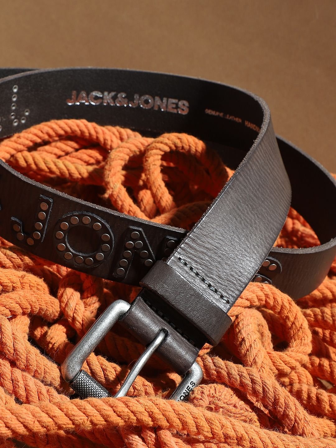 Brown Studded Logo Leather Belt - 32