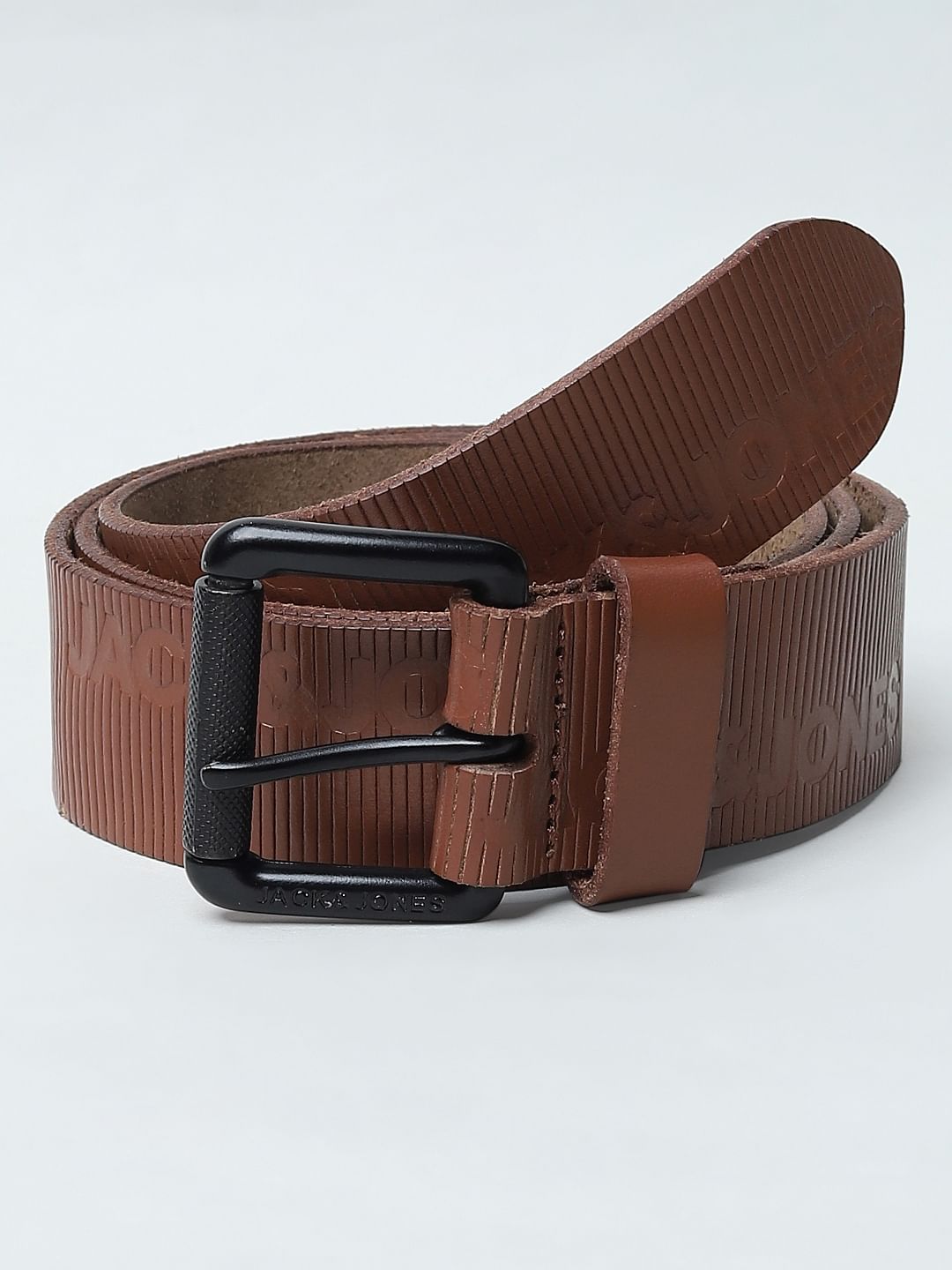 Brown Textured Logo Leather Belt