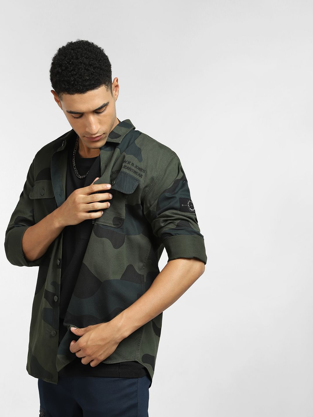 Green Camo Print Full Sleeves Shirt - S