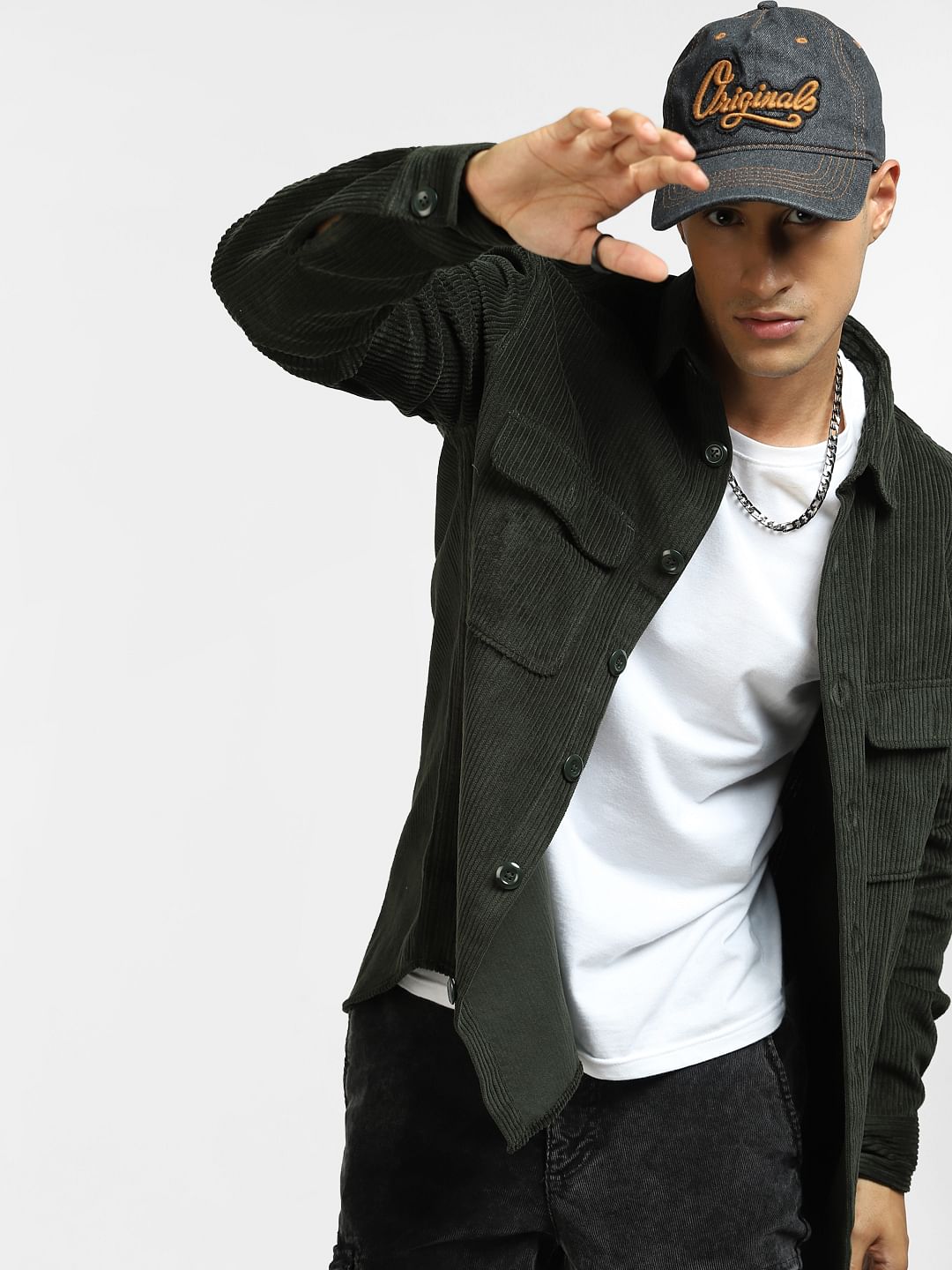 Green Corduroy Full Sleeves Shirt - S
