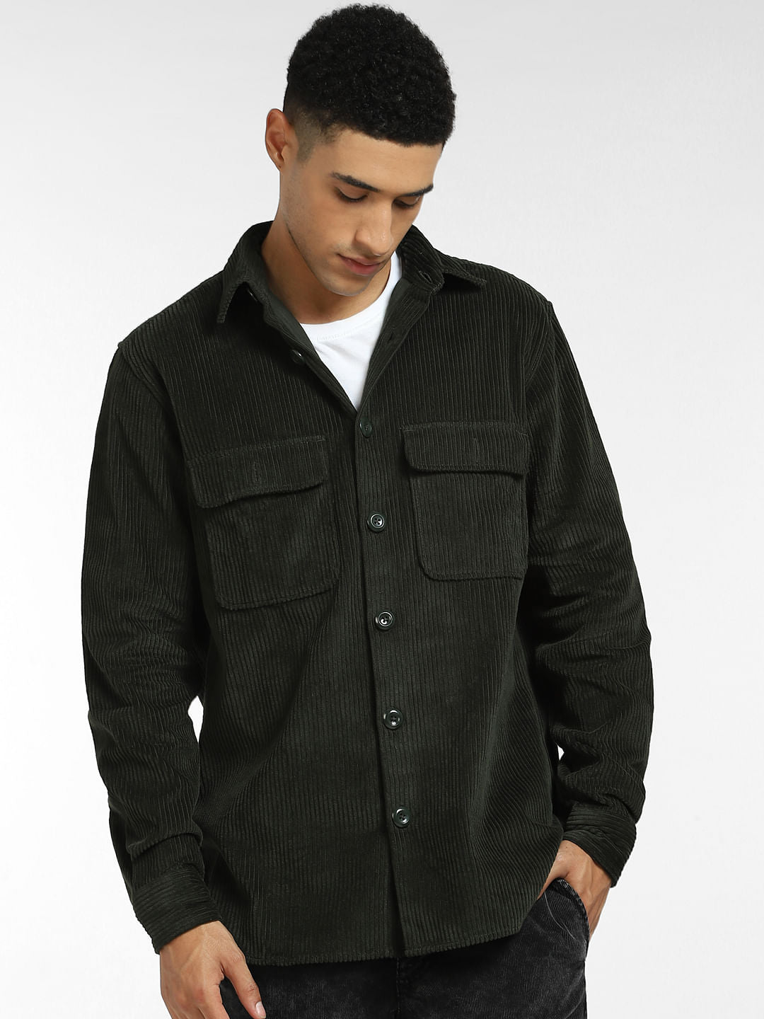 Green Corduroy Full Sleeves Shirt