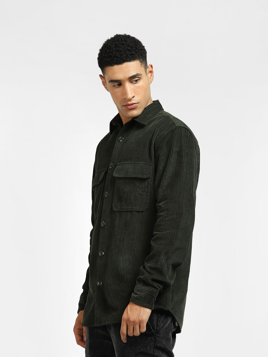 Green Corduroy Full Sleeves Shirt