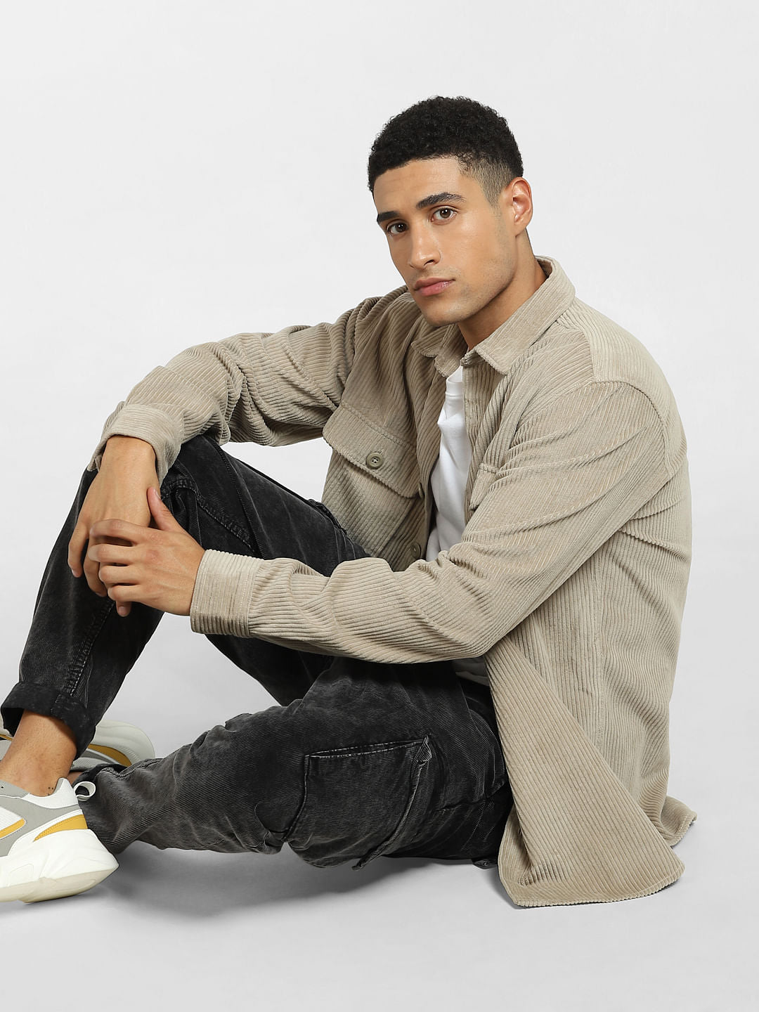 White Corduroy Full Sleeves Shirt - S