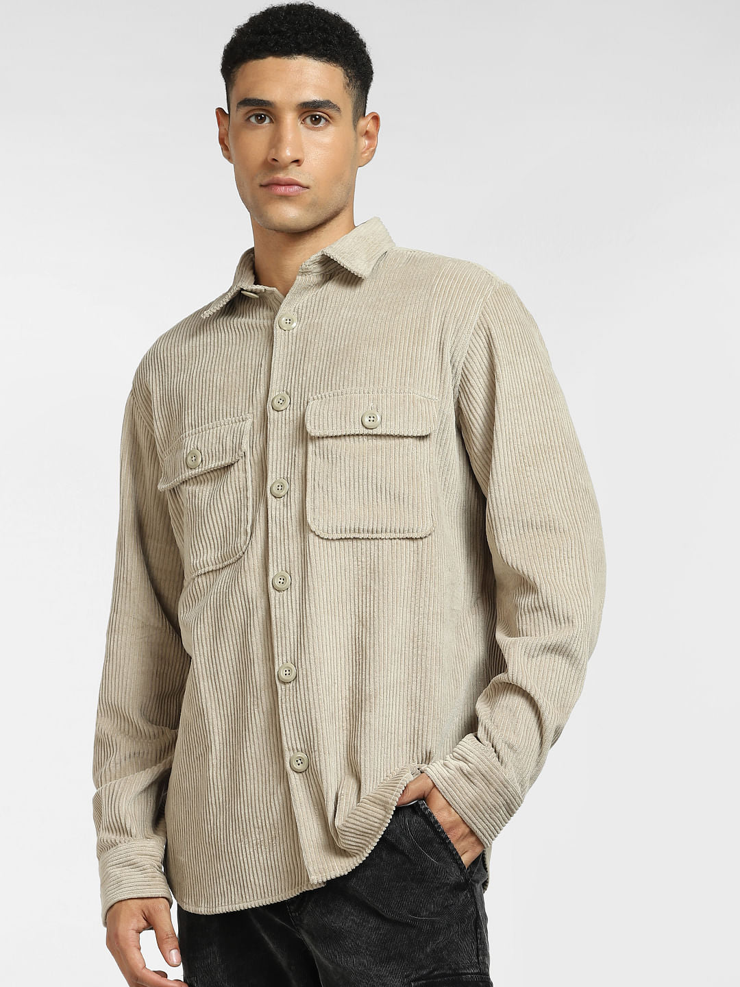 White Corduroy Full Sleeves Shirt
