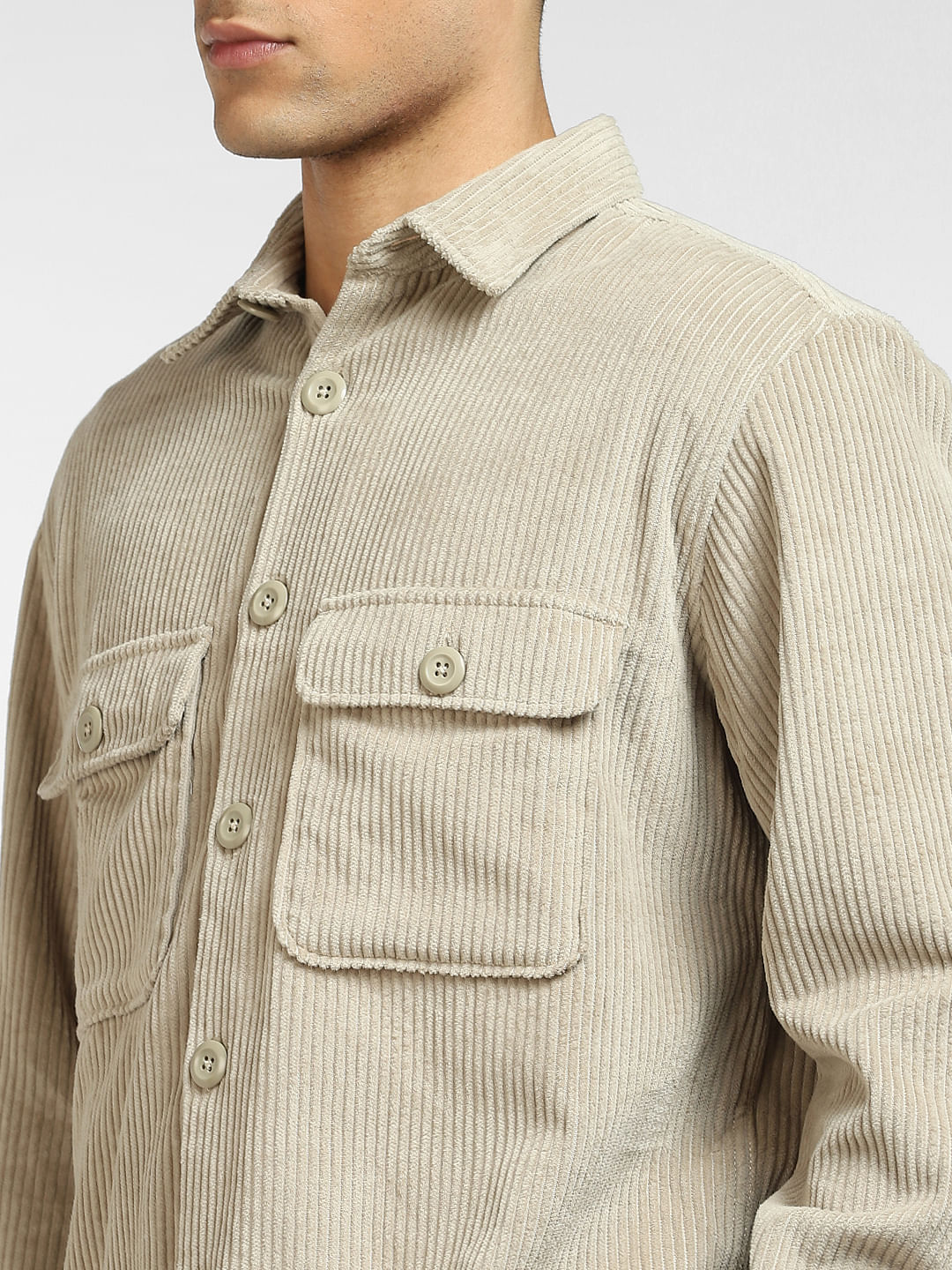 White Corduroy Full Sleeves Shirt