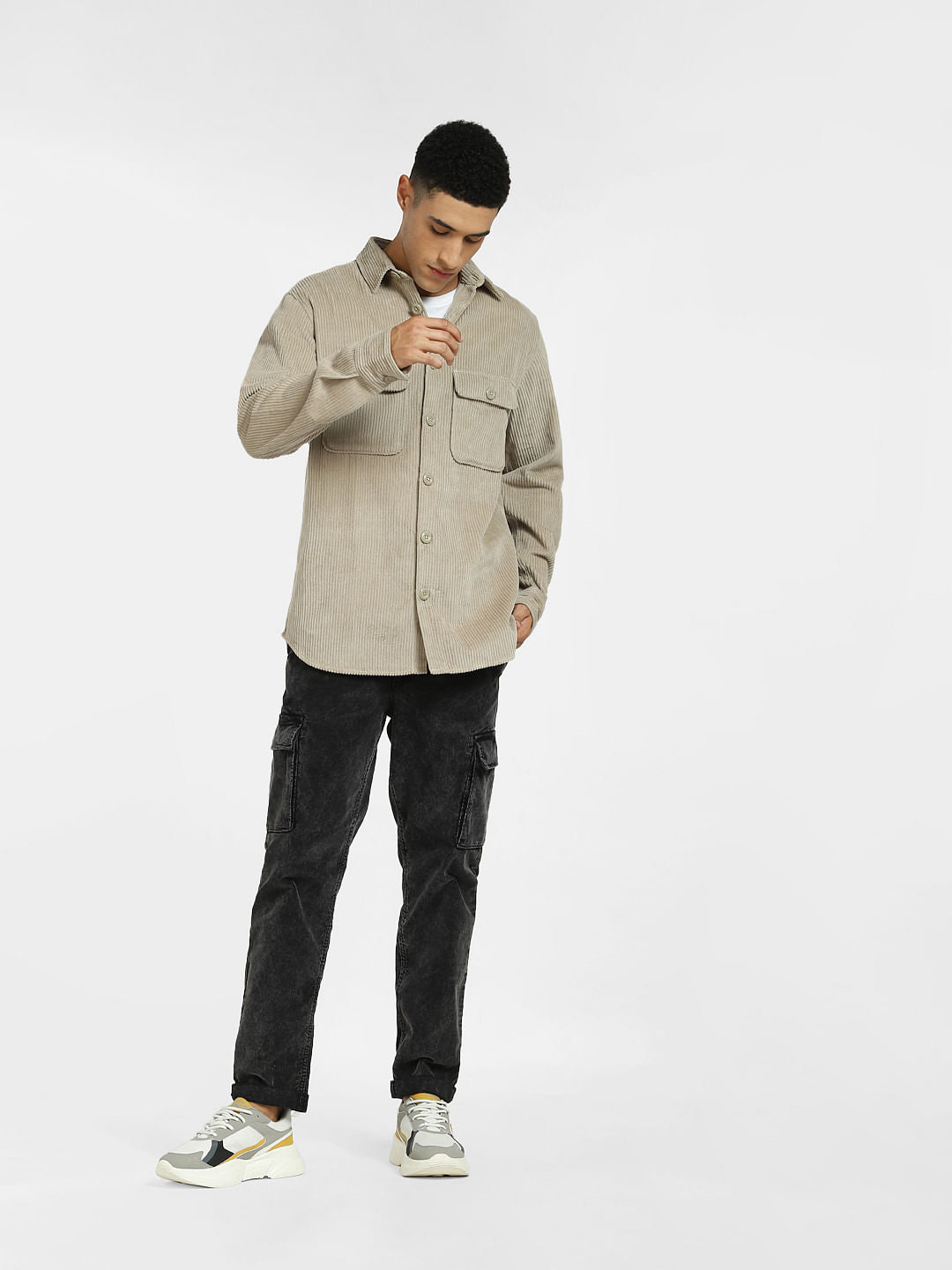 White Corduroy Full Sleeves Shirt