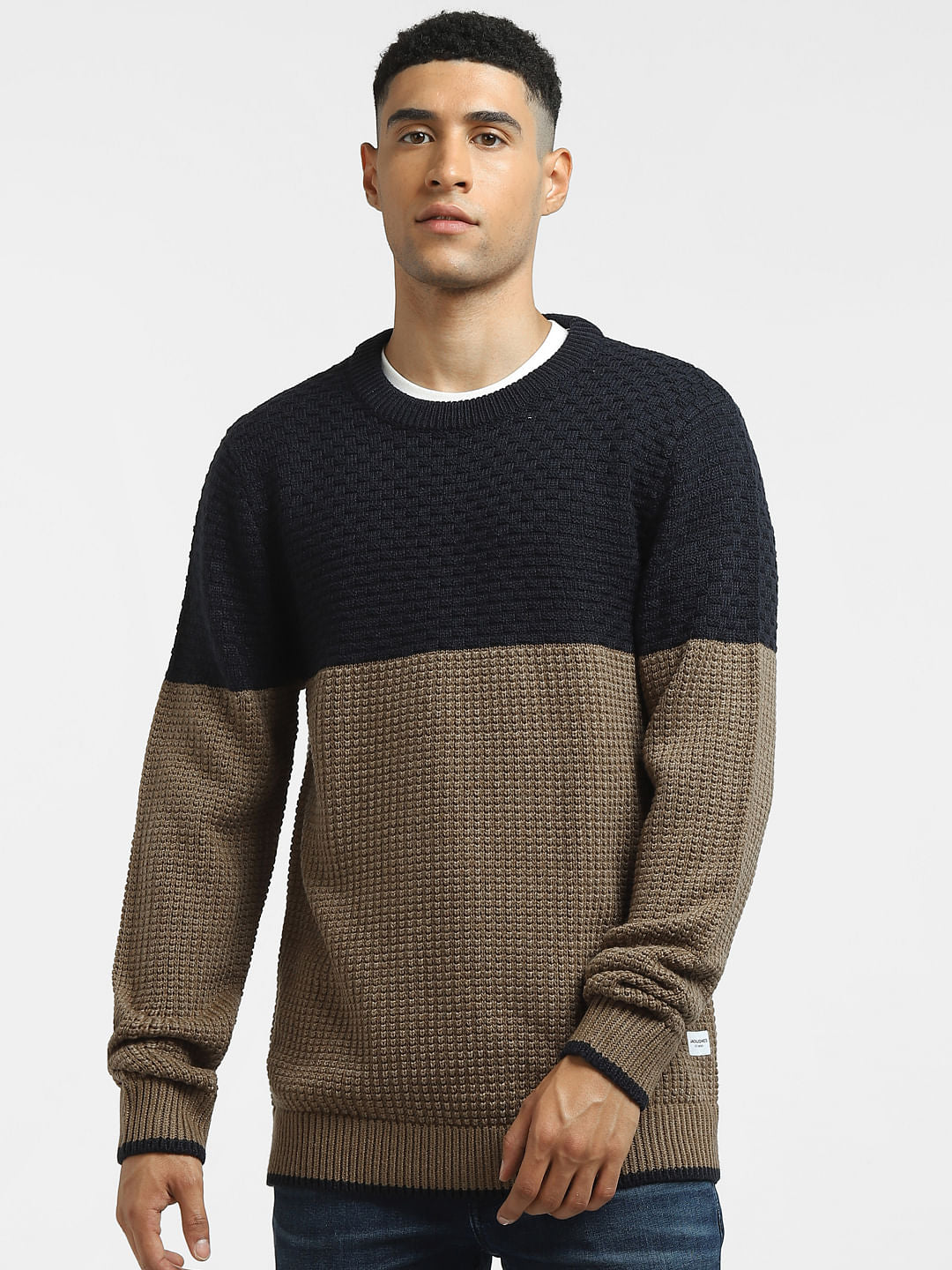 Brown Colourblocked Textured Pullover