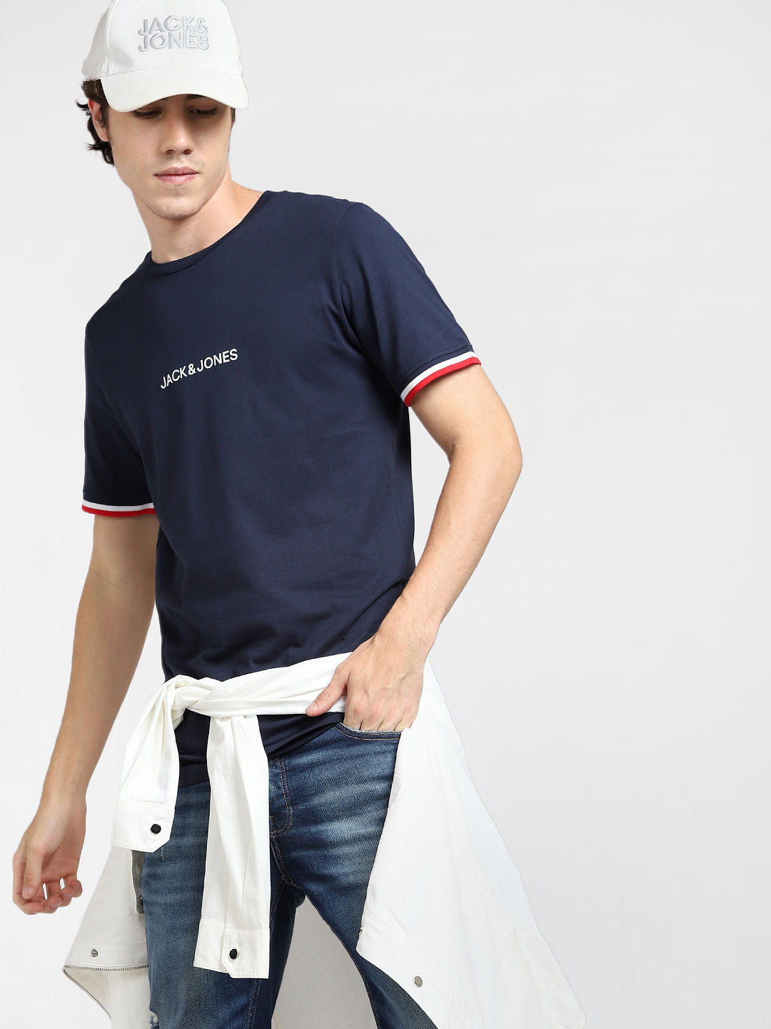 Navy Blue Logo Print Crew Neck T-shirt - S
