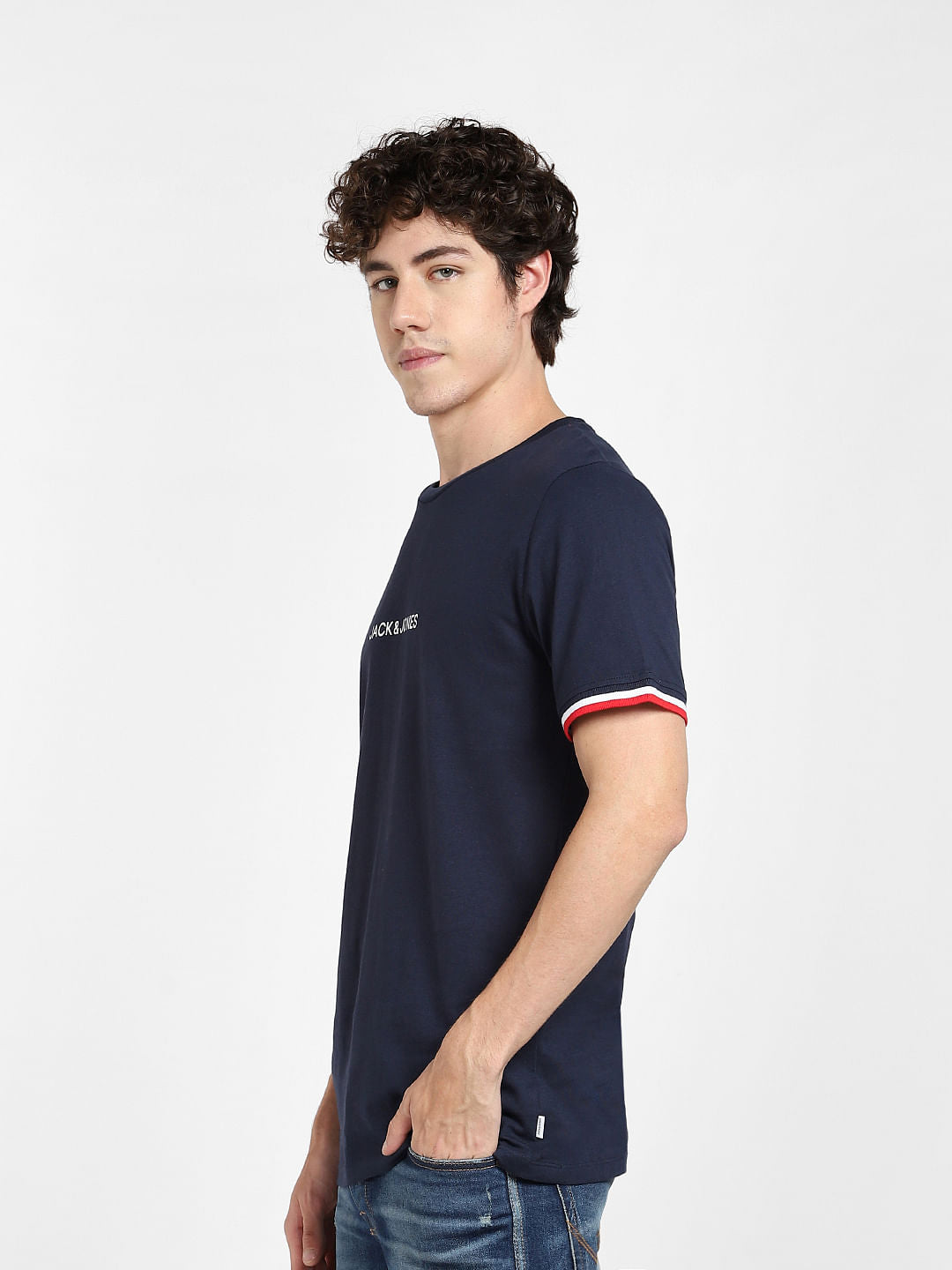 Navy Blue Logo Print Crew Neck T-shirt