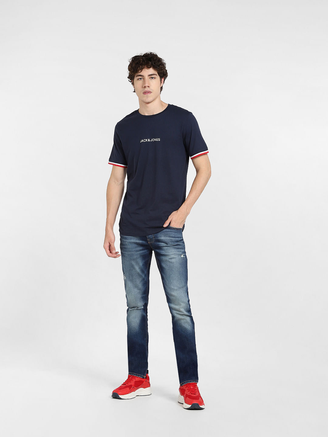 Navy Blue Logo Print Crew Neck T-shirt