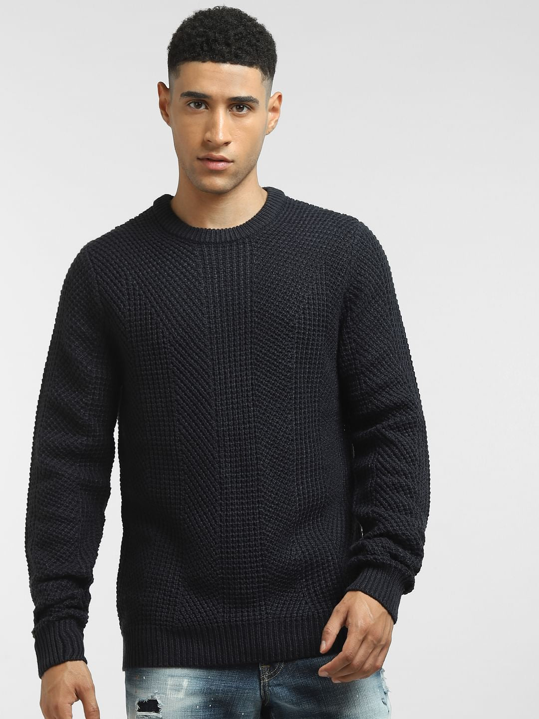 Navy Blue Textured Slim Fit Pullover