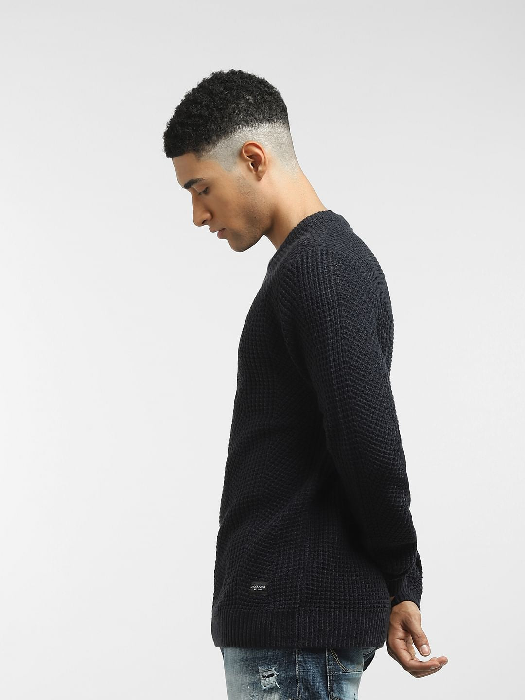Navy Blue Textured Slim Fit Pullover