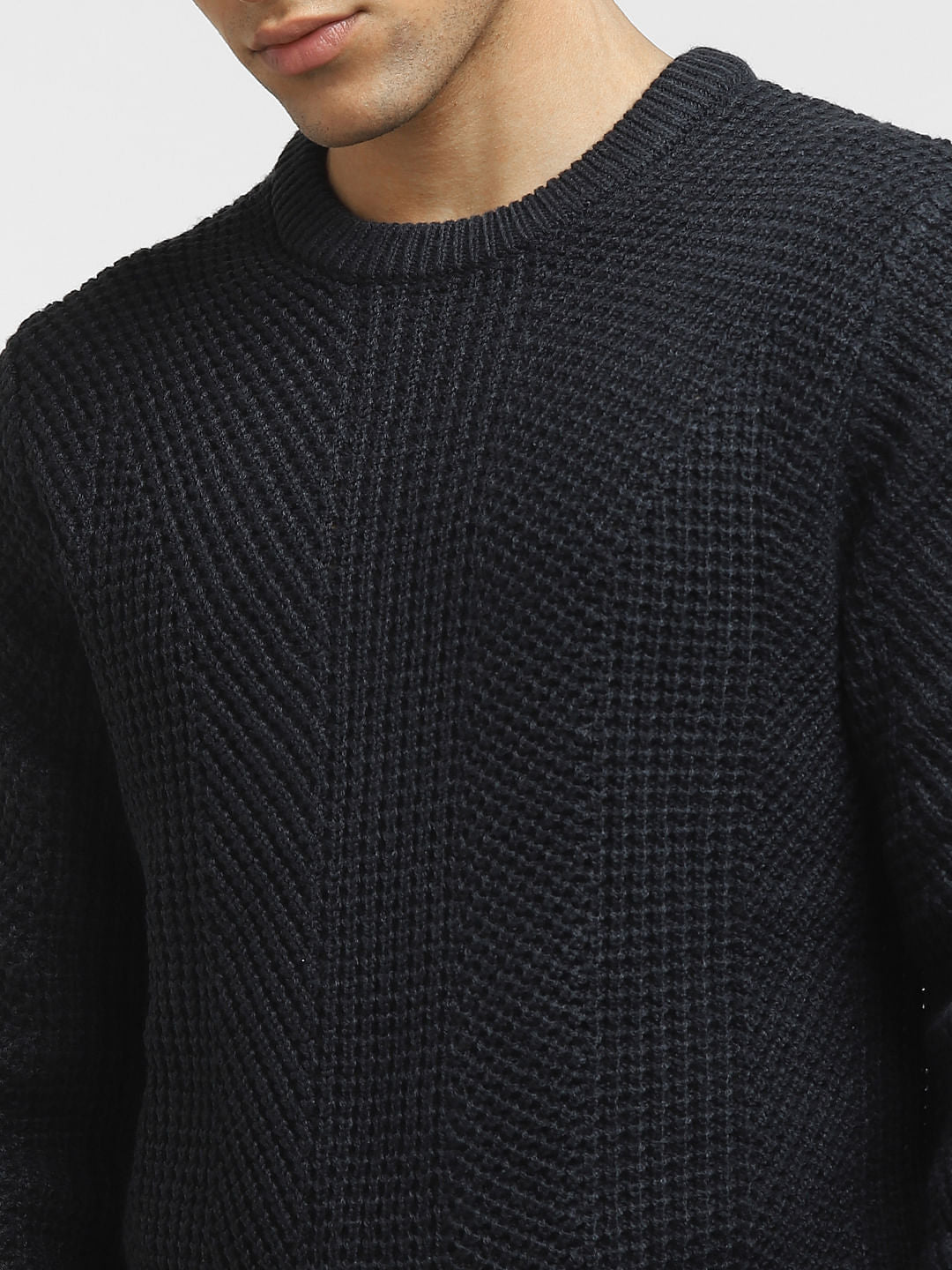 Navy Blue Textured Slim Fit Pullover