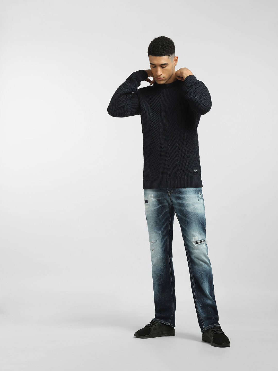Navy Blue Textured Slim Fit Pullover