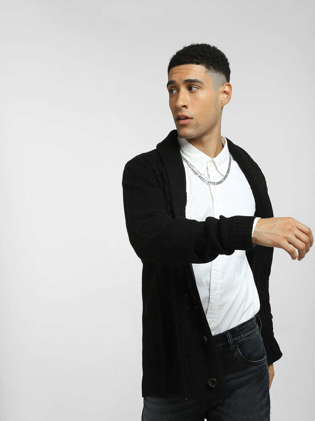 Black Front Open Textured Cardigan - S