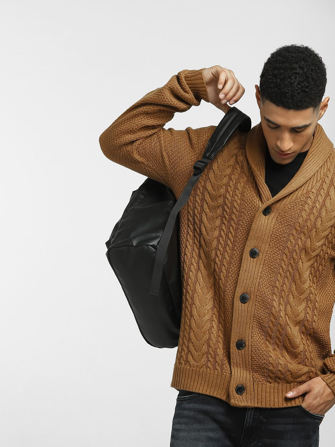 Brown Front Open Textured Cardigan - S