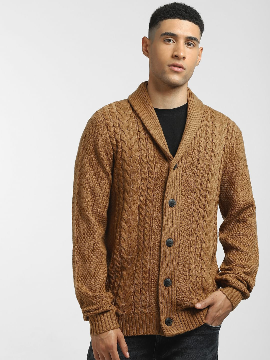 Brown Front Open Textured Cardigan