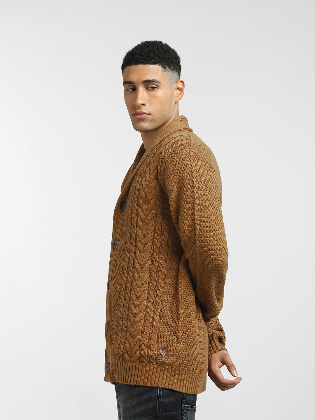 Brown Front Open Textured Cardigan