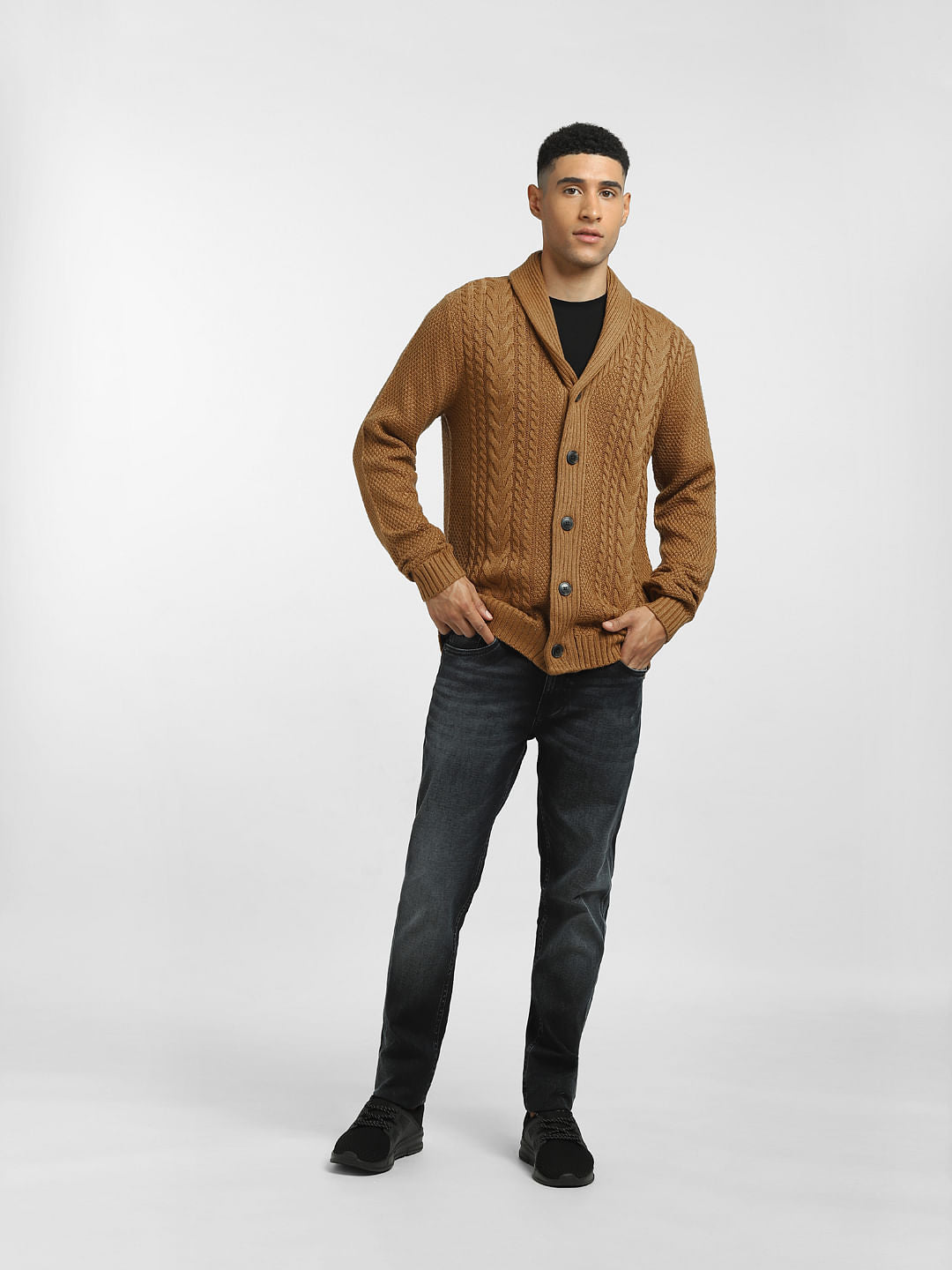 Brown Front Open Textured Cardigan