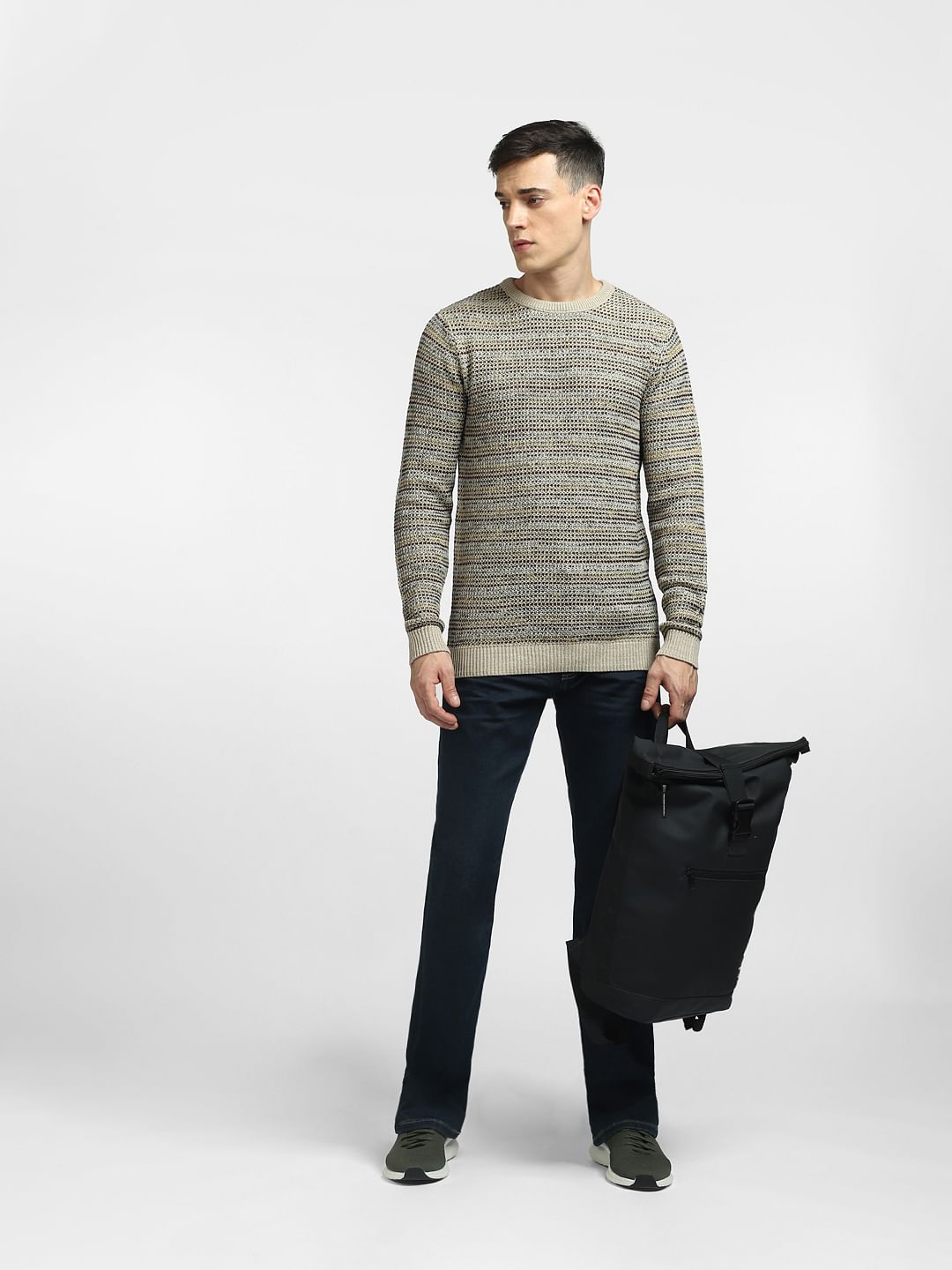 Beige Textured Striped Pullover - S