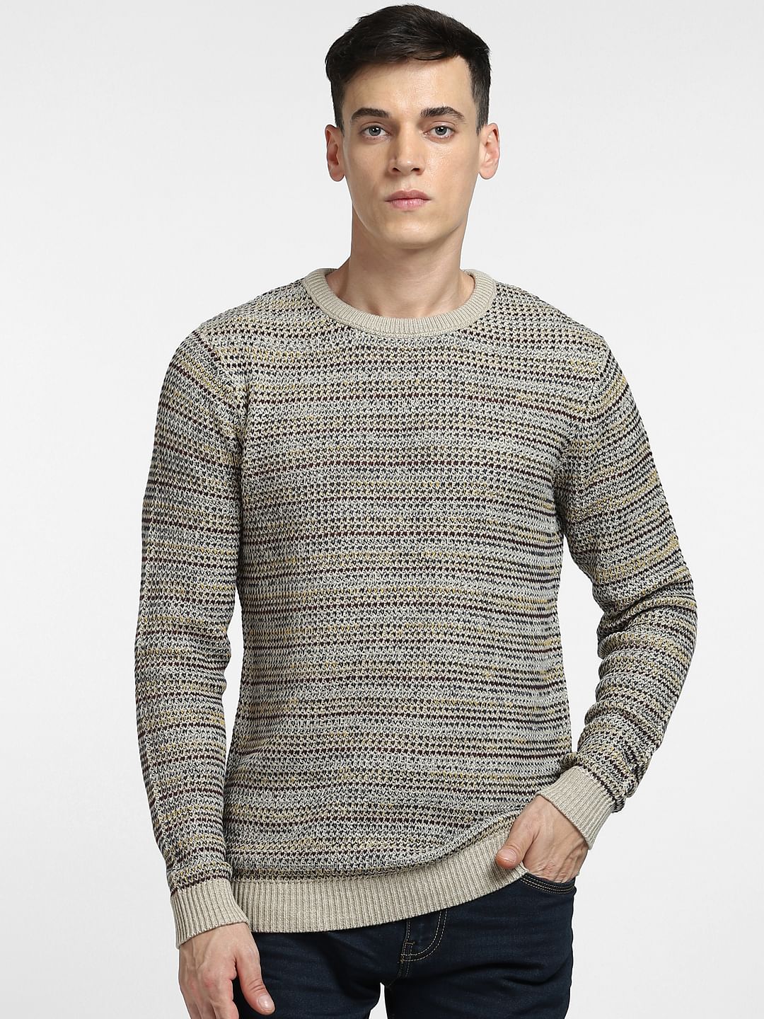 Beige Textured Striped Pullover