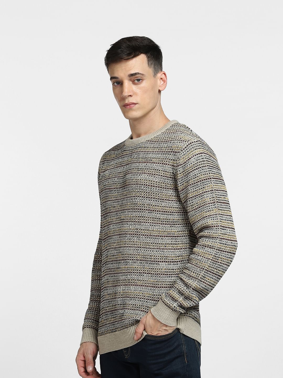Beige Textured Striped Pullover