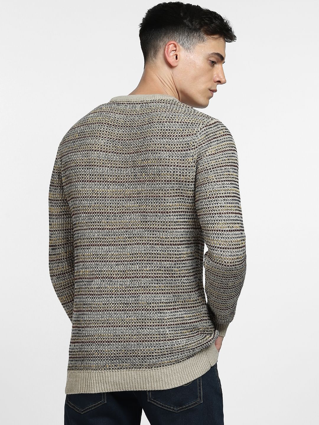 Beige Textured Striped Pullover