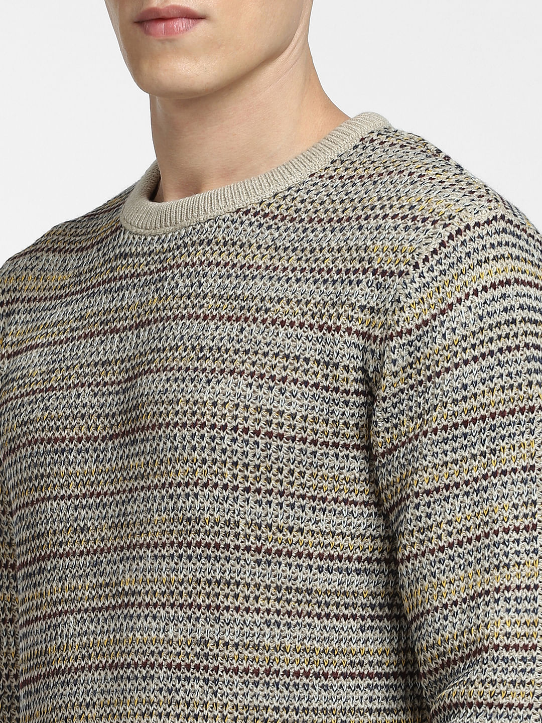 Beige Textured Striped Pullover