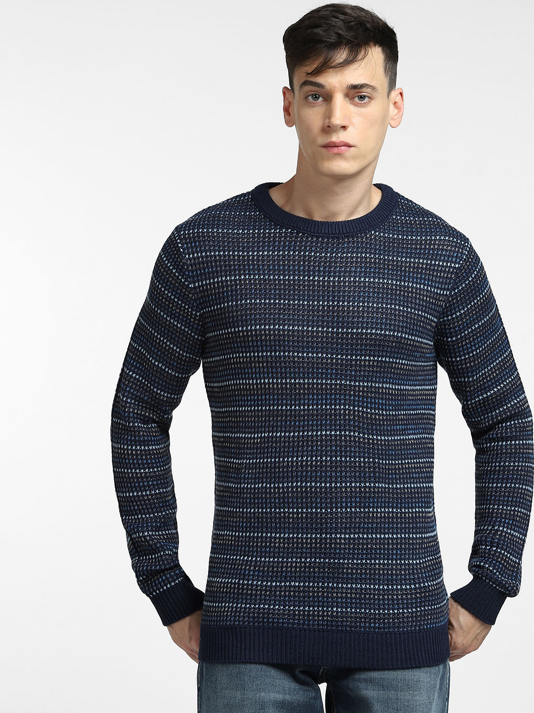 Blue Textured Striped Pullover