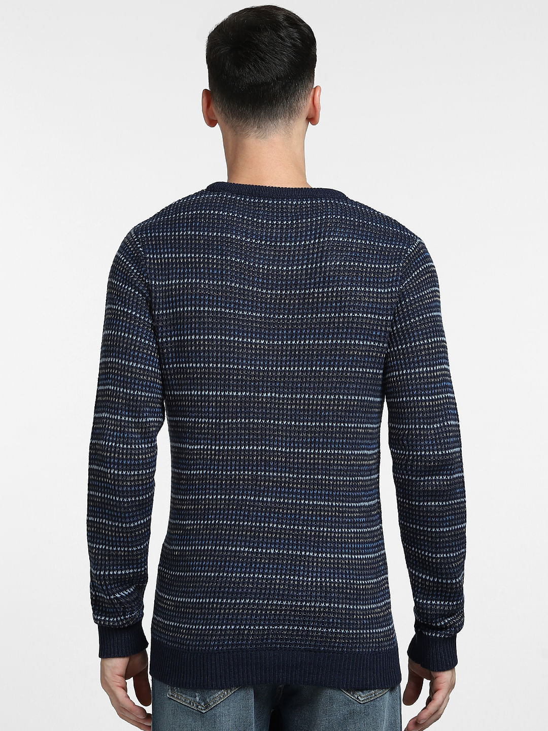 Blue Textured Striped Pullover