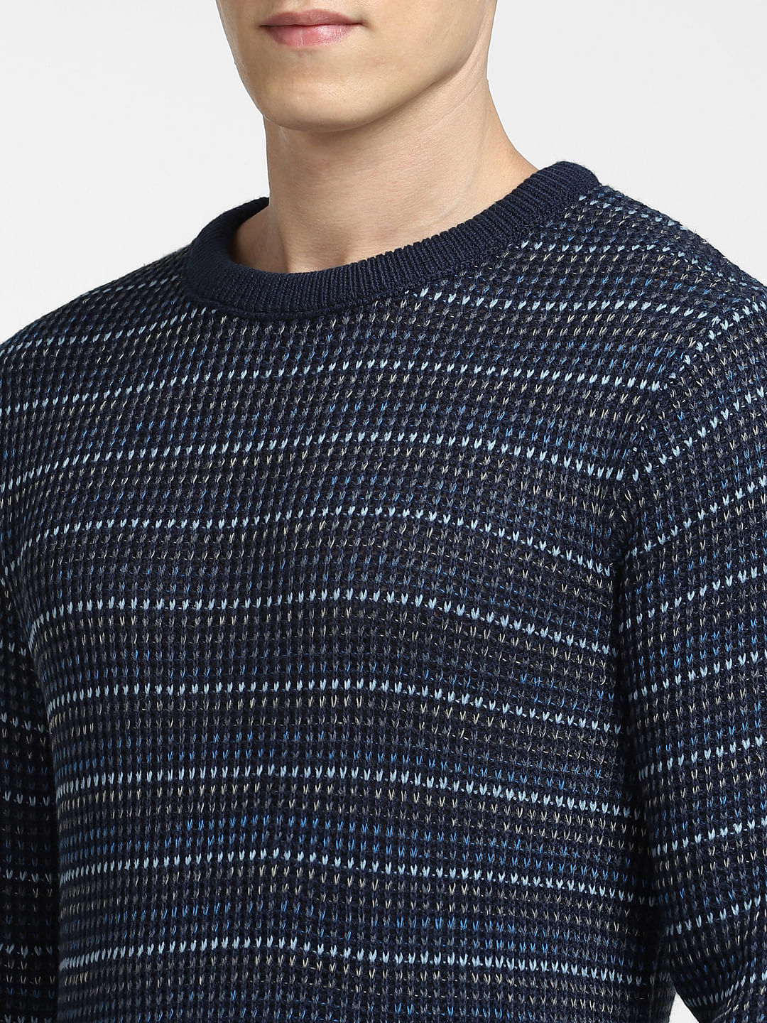 Blue Textured Striped Pullover