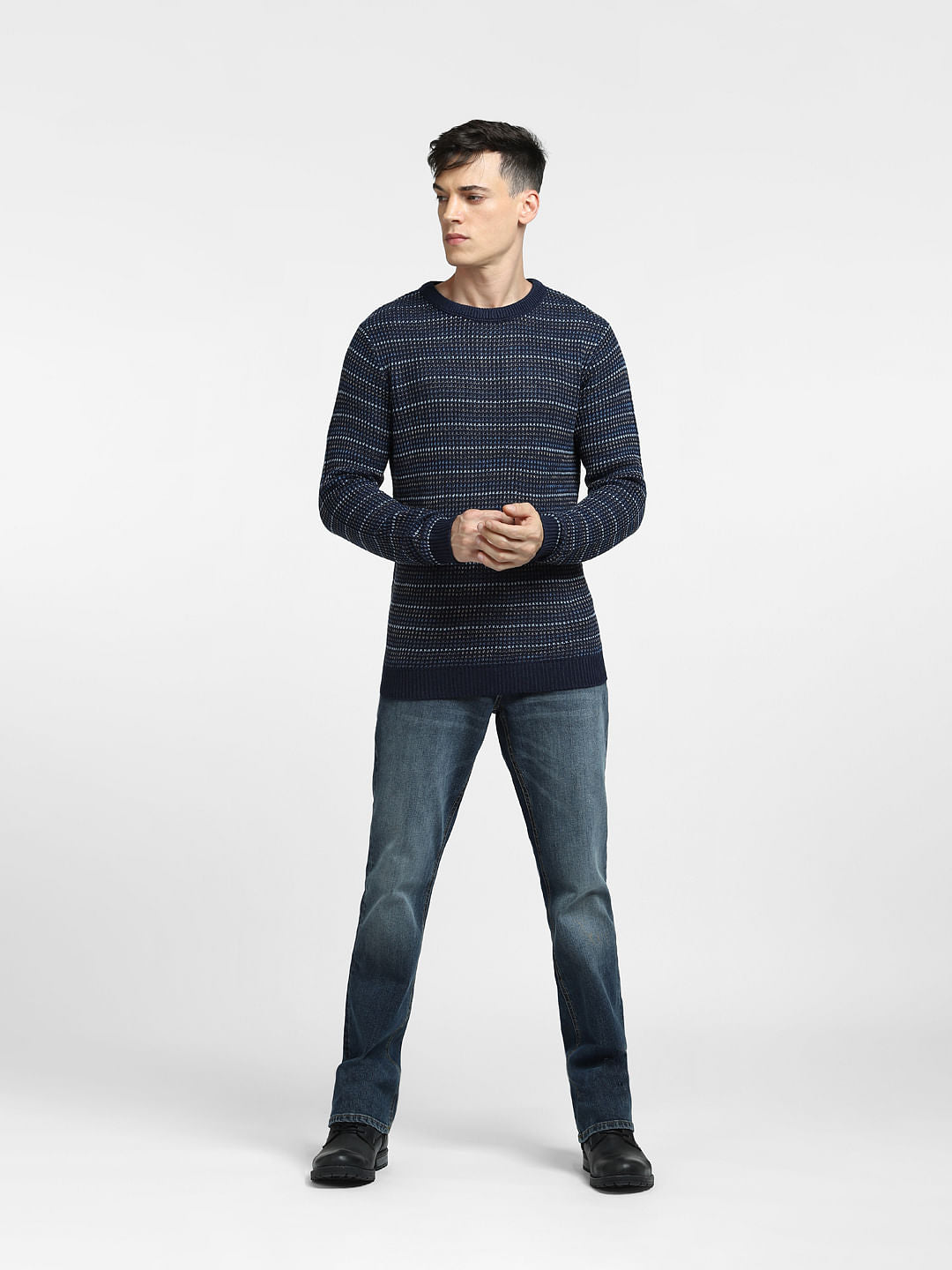 Blue Textured Striped Pullover