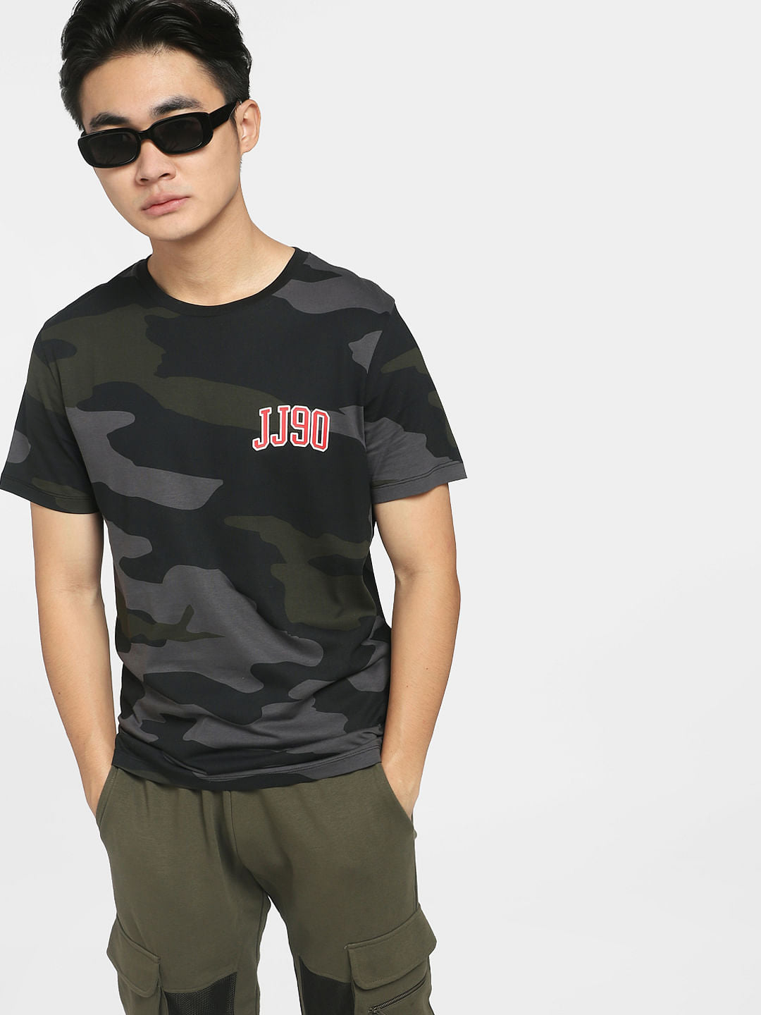 Black Camo Print Crew Neck T-shirt - S