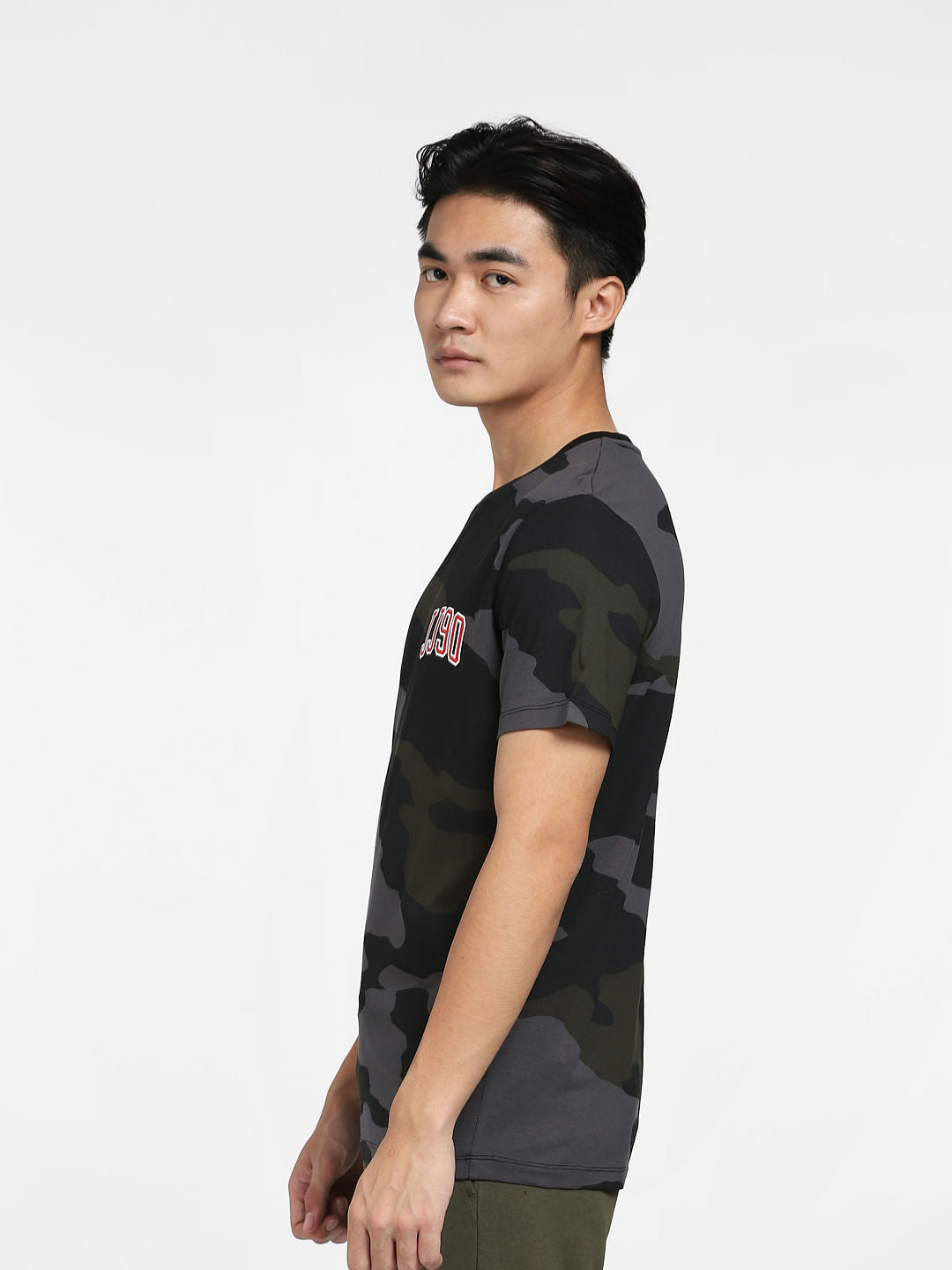 Black Camo Print Crew Neck T-shirt