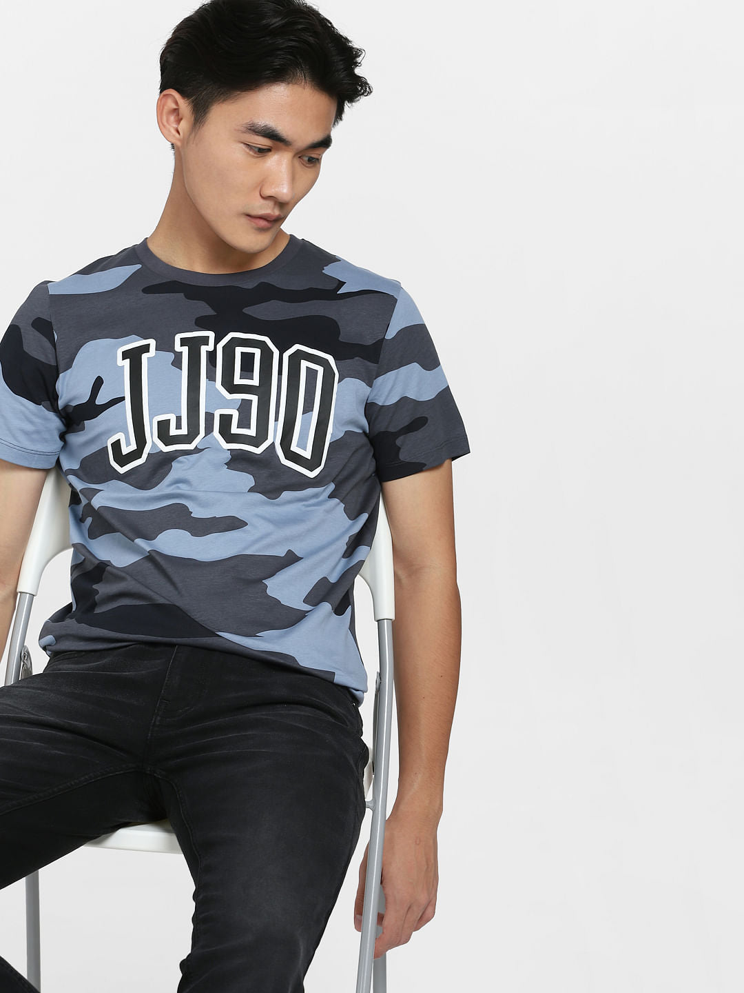 Blue Camo Print Crew Neck T-shirt - S