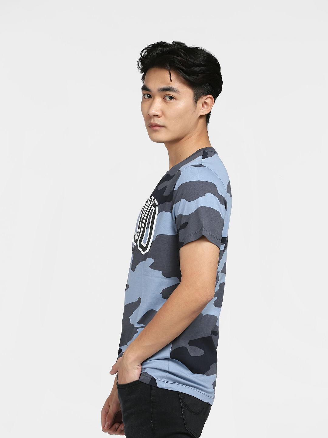 Blue Camo Print Crew Neck T-shirt