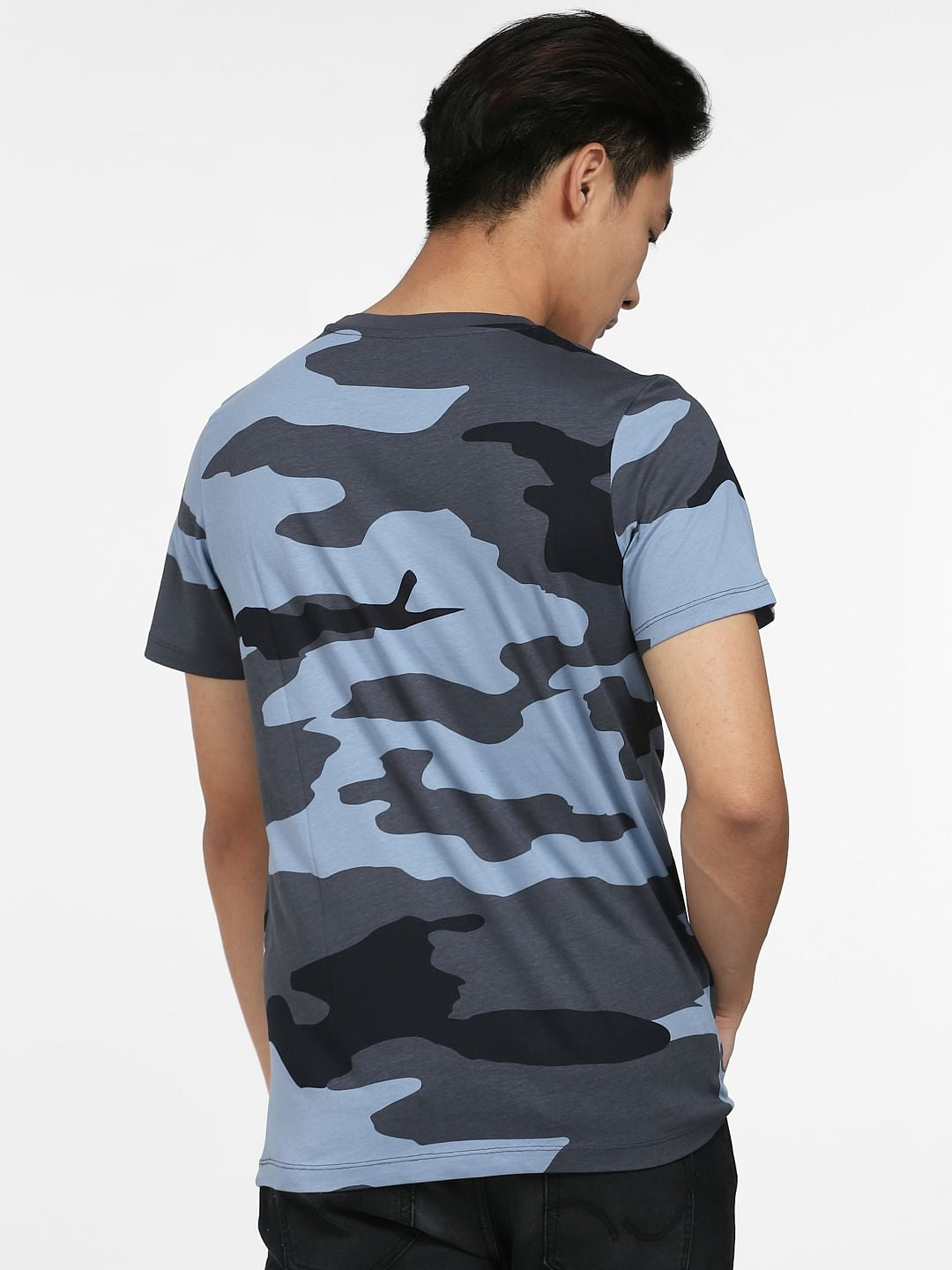 Blue Camo Print Crew Neck T-shirt