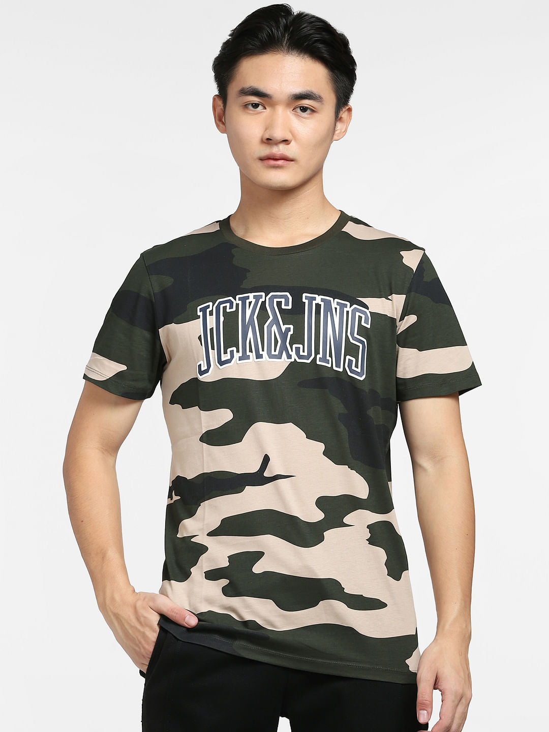 Green Camo Print Crew Neck T-shirt