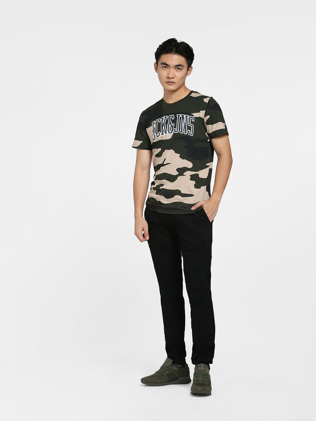 Green Camo Print Crew Neck T-shirt
