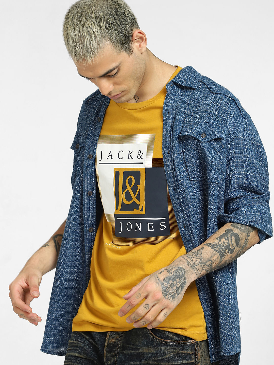 Yellow Logo Print Crew Neck T-shirt - S