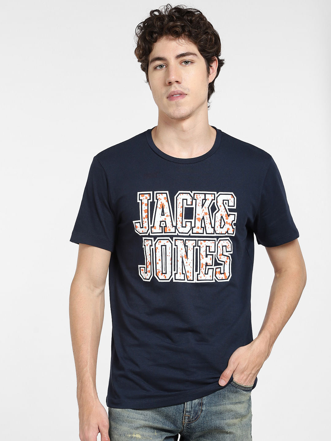 Navy Blue Logo Print Crew Neck T-shirt